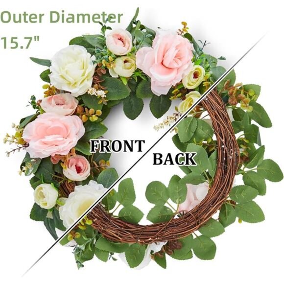 Spring Wreaths for Front Door, 15.7" Artificial Rose Peony Flower Wreath Spring - Picture 6 of 7